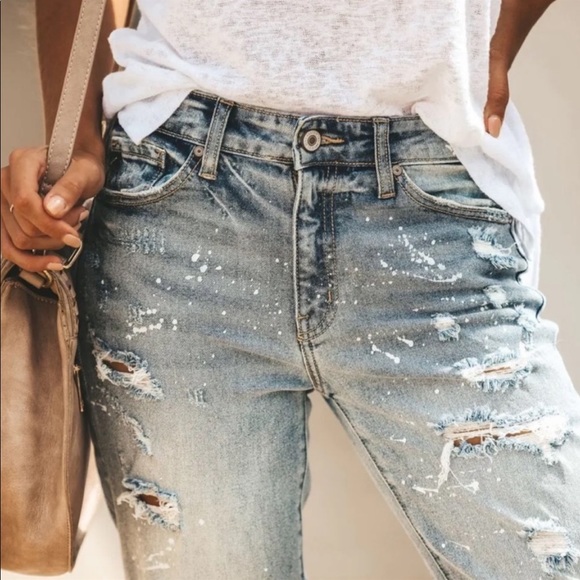 Brand New Distressed Denim Jeans Paint Splatter Relaxed Fit Boyfriend - Picture 5 of 10